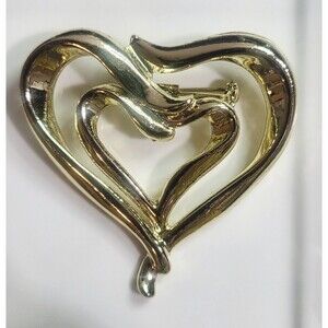 Huge gold tone heart brooch, very large quirky lapel pin 2x2 Inches